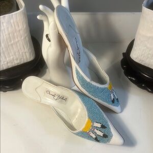 Manolo Blahnik White and Blue Mules with Elegant Design